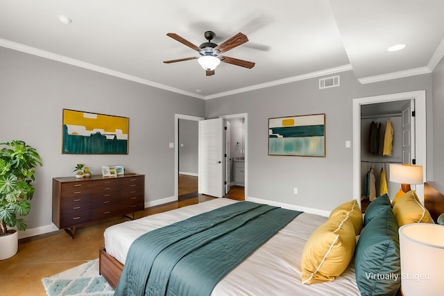 8908 Stillwater Rd, Sherwood, AR 72120 - bedroom with visible vents, crown molding, baseboards, and a ceiling fan