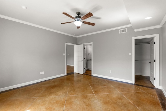 8908 Stillwater Rd, Sherwood, AR 72120 - unfurnished bedroom featuring a spacious closet, baseboards, ornamental molding, and visible vents