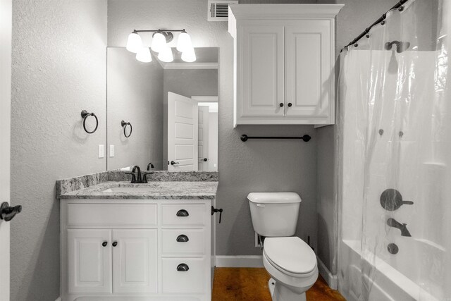 8908 Stillwater Rd, Sherwood, AR 72120 - full bathroom with shower / bathtub combination with curtain, visible vents, toilet, vanity, and baseboards