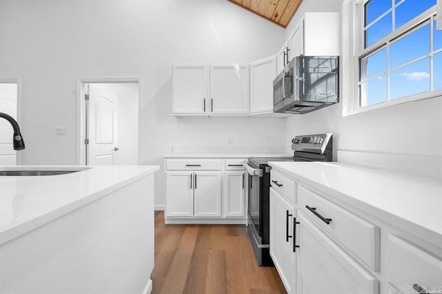 kitchen featuring white cabinets, dark wood-style floors, light countertops, a sink, and appliances with stainless steel finishes