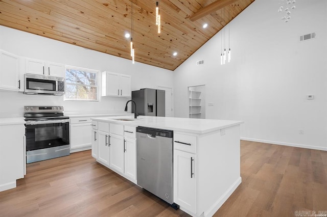 kitchen with wooden ceiling, a sink, visible vents, light countertops, and appliances with stainless steel finishes