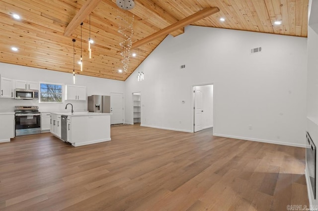 unfurnished living room with visible vents, baseboards, wood ceiling, light wood-style flooring, and high vaulted ceiling
