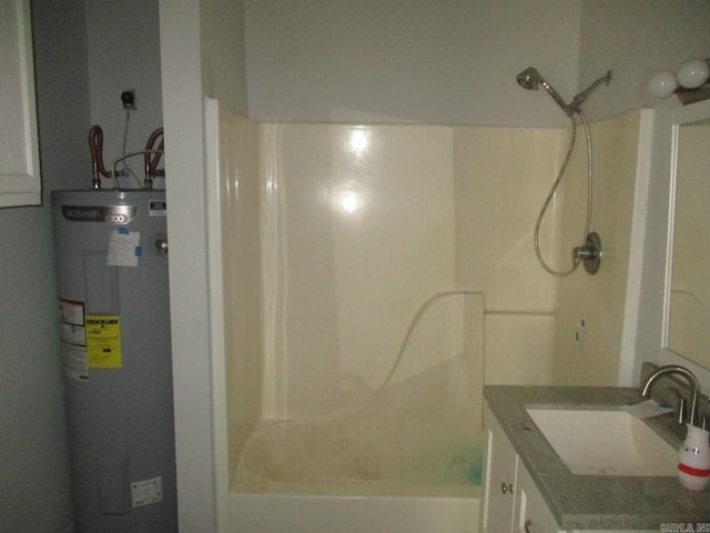 bathroom with shower / bath combination, electric water heater, and vanity
