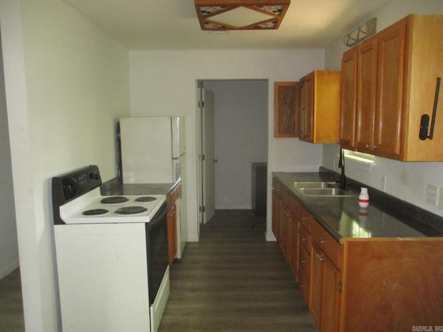 kitchen featuring brown cabinets, dark wood-style floors, dark countertops, a sink, and white appliances