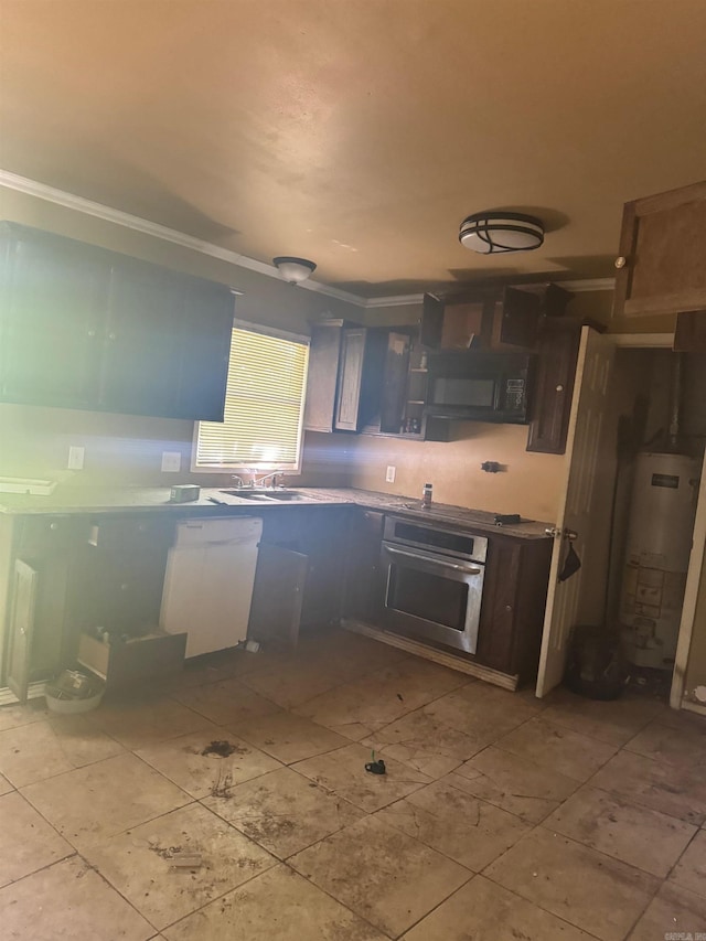 kitchen featuring water heater, oven, a sink, white dishwasher, and crown molding
