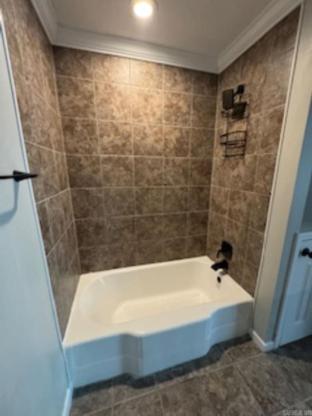 bathroom with baseboards, tile patterned flooring, shower / tub combination, and crown molding