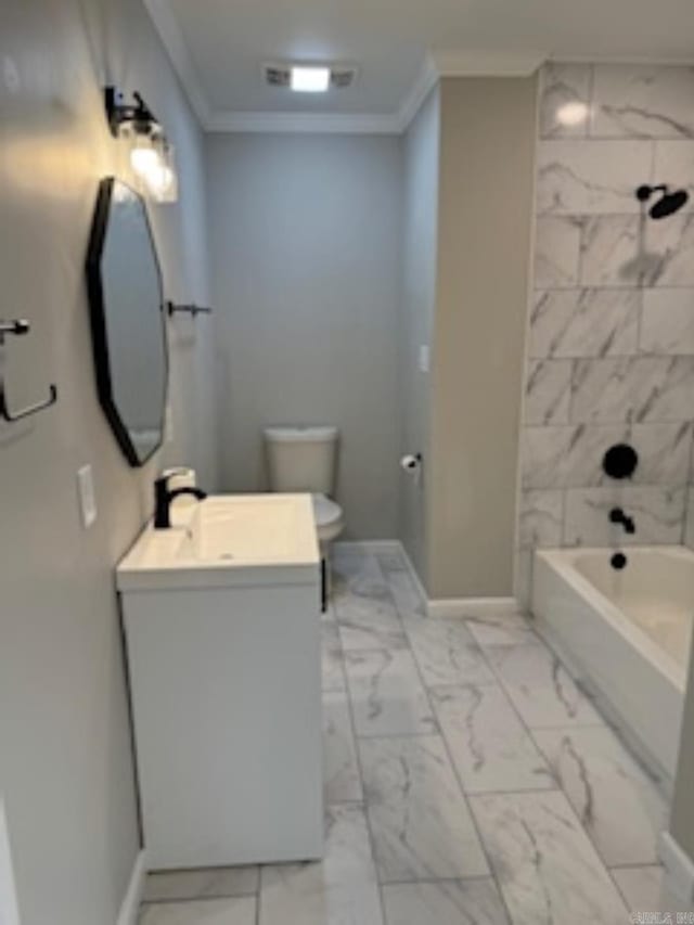 bathroom featuring crown molding, vanity, marble finish floor, toilet, and visible vents