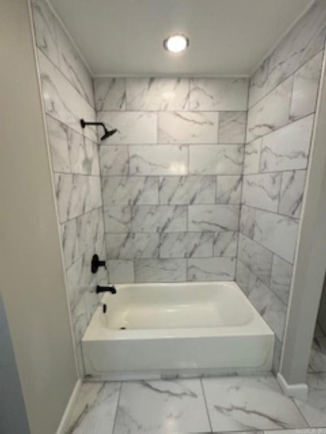 full bath with bathtub / shower combination, baseboards, marble finish floor, and recessed lighting