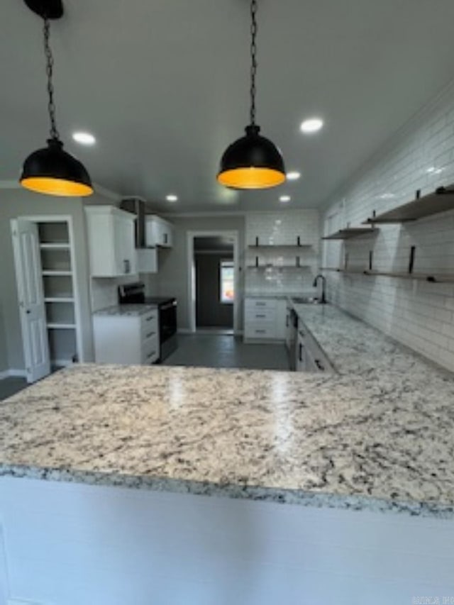 kitchen featuring open shelves, electric range, white cabinetry, and recessed lighting