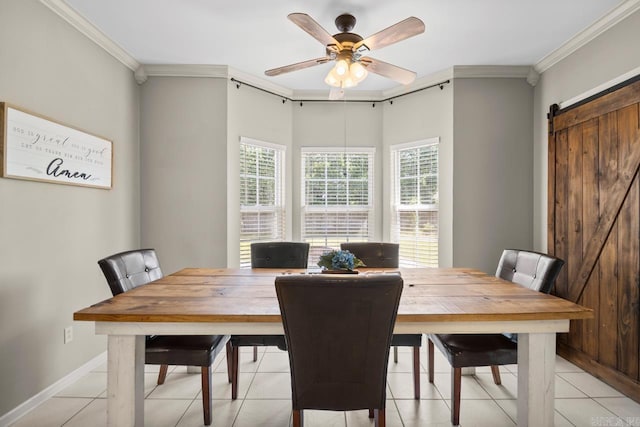 dining area with ceiling fan, light tile patterned floors, baseboards, and ornamental molding