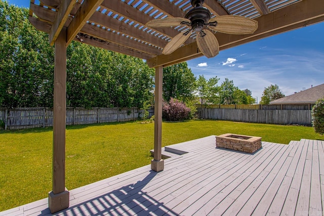 wooden terrace with an outdoor fire pit, a pergola, a ceiling fan, and a fenced backyard