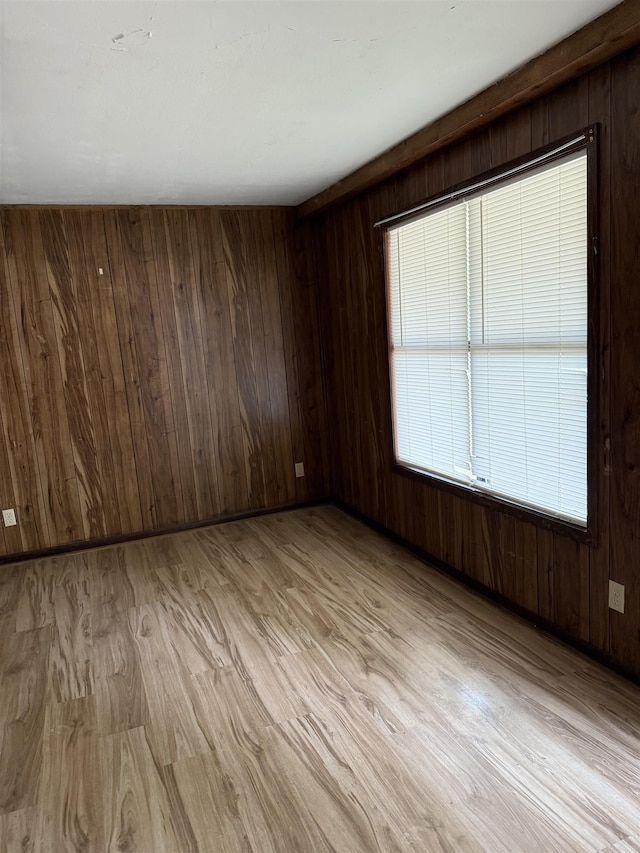 empty room with light wood-style flooring, wood walls, and plenty of natural light