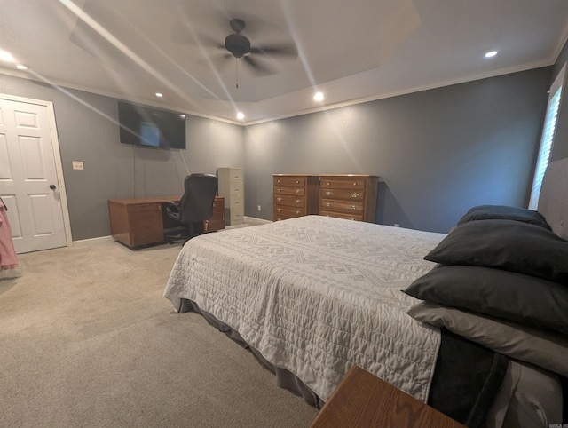 20 Pure Country Rd, Greers Ferry, AR 72067 - bedroom featuring a tray ceiling, recessed lighting, light colored carpet, ceiling fan, and crown molding
