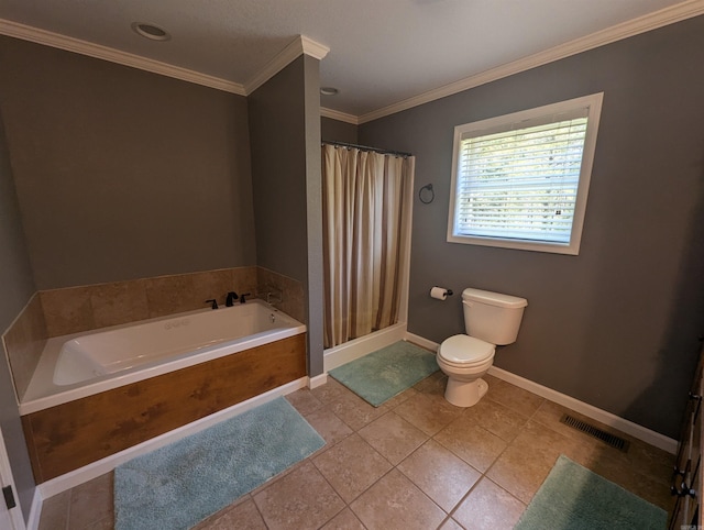 20 Pure Country Rd, Greers Ferry, AR 72067 - bathroom featuring a bath, toilet, visible vents, curtained shower, and ornamental molding