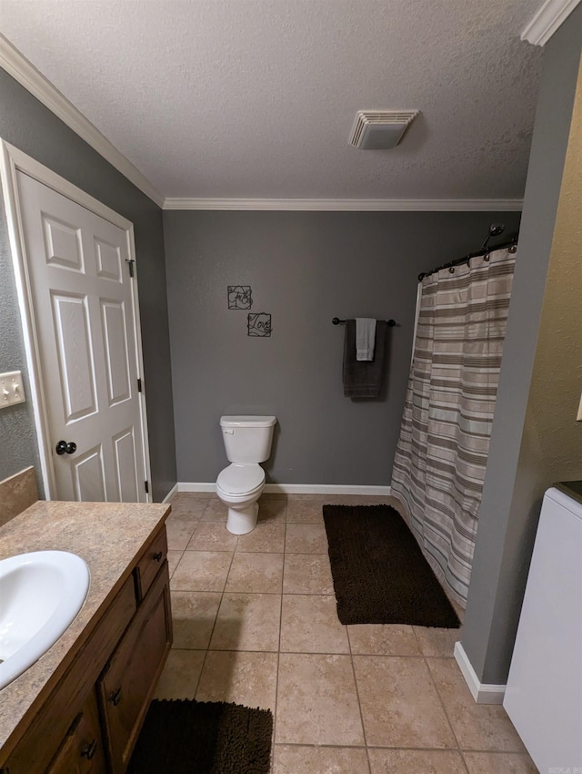 20 Pure Country Rd, Greers Ferry, AR 72067 - bathroom featuring crown molding, a textured ceiling, vanity, toilet, and visible vents
