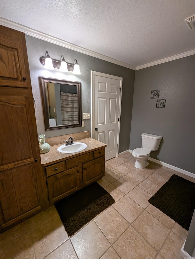 20 Pure Country Rd, Greers Ferry, AR 72067 - full bathroom featuring a textured ceiling, vanity, toilet, ornamental molding, and tile patterned flooring