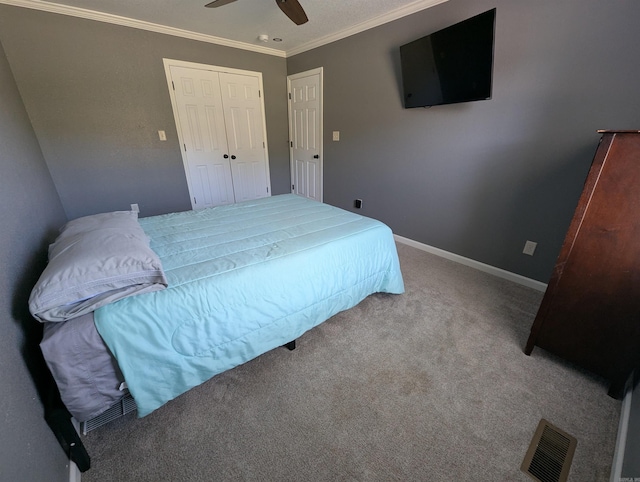 20 Pure Country Rd, Greers Ferry, AR 72067 - carpeted bedroom featuring visible vents, a closet, crown molding, baseboards, and ceiling fan