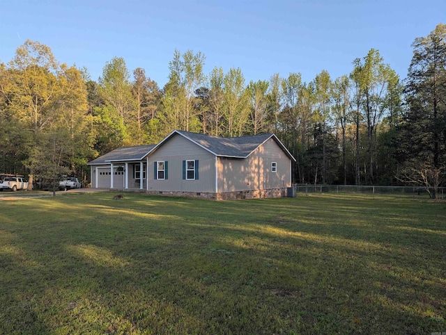 20 Pure Country Rd, Greers Ferry, AR 72067 - rear view of property featuring fence, a garage, a view of trees, a yard, and crawl space