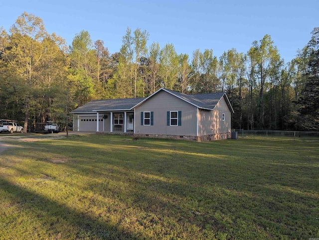 20 Pure Country Rd, Greers Ferry, AR 72067 - single story home with a forest view, crawl space, an attached garage, fence, and a front yard
