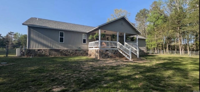 20 Pure Country Rd, Greers Ferry, AR 72067 - rear view of house with fence, a porch, a yard, and stairway