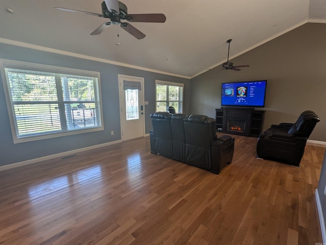 20 Pure Country Rd, Greers Ferry, AR 72067 - living room with lofted ceiling, baseboards, a ceiling fan, and wood finished floors