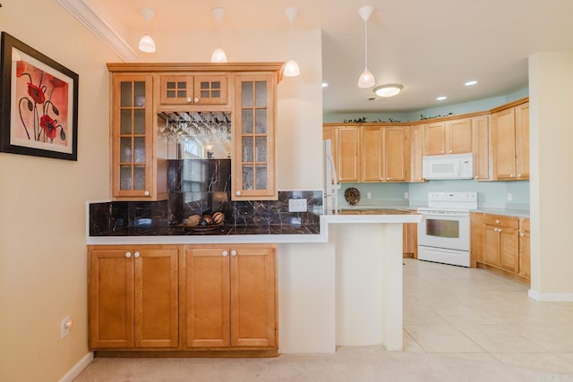kitchen featuring recessed lighting, light tile patterned floors, white appliances, pendant lighting, and glass insert cabinets