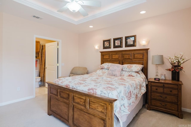 bedroom featuring recessed lighting, visible vents, crown molding, and light colored carpet