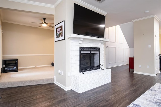 unfurnished living room featuring baseboards, a brick fireplace, wood finished floors, and ceiling fan