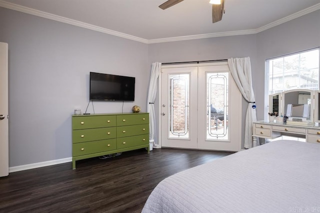 bedroom with dark wood-style flooring, french doors, access to outside, baseboards, and ornamental molding
