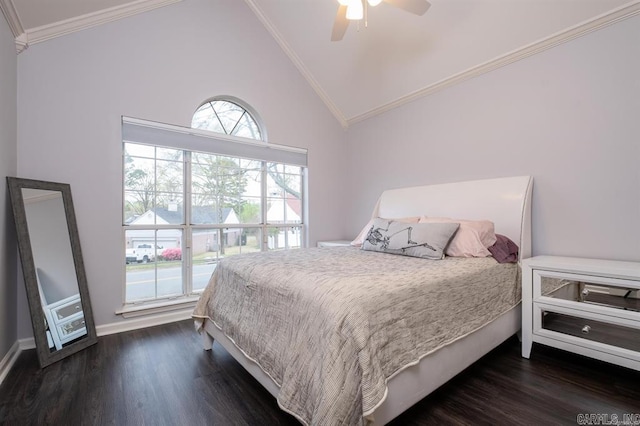 bedroom featuring lofted ceiling, a ceiling fan, dark wood-type flooring, and crown molding
