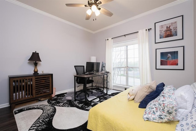 bedroom featuring wood finished floors, baseboards, ceiling fan, and crown molding
