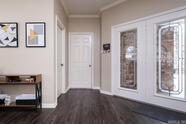 entryway with baseboards, dark wood-style floors, and ornamental molding