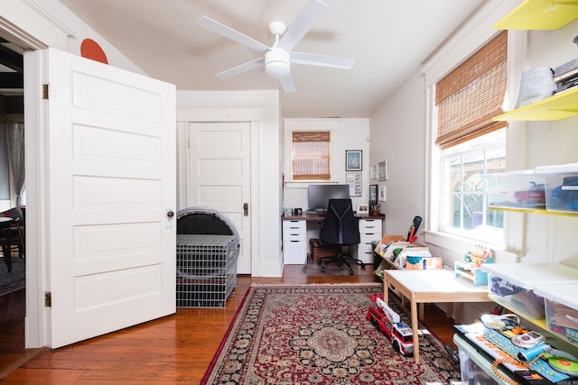 office area featuring wood finished floors and a ceiling fan
