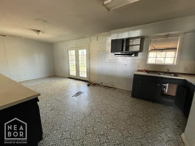 kitchen featuring light countertops, a healthy amount of sunlight, french doors, and a sink