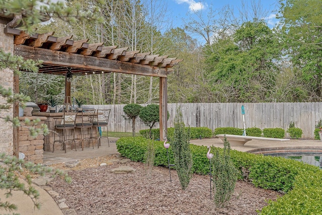view of yard featuring a fenced backyard, outdoor dry bar, a pergola, and a patio area