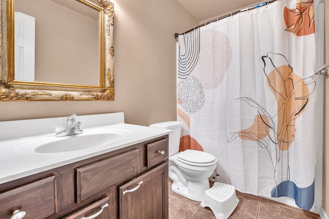 bathroom with tile patterned flooring, toilet, vanity, and a shower with shower curtain