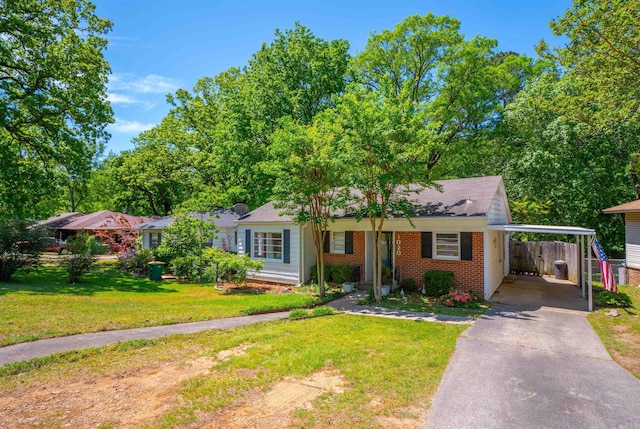 1020 Pine Valley Rd, Little Rock, AR 72207 - ranch-style house with concrete driveway, a front lawn, a carport, fence, and brick siding