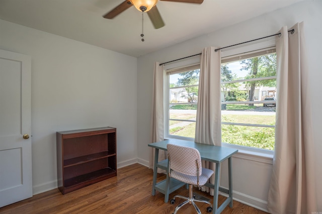 1020 Pine Valley Rd, Little Rock, AR 72207 - home office featuring baseboards, a ceiling fan, and wood finished floors