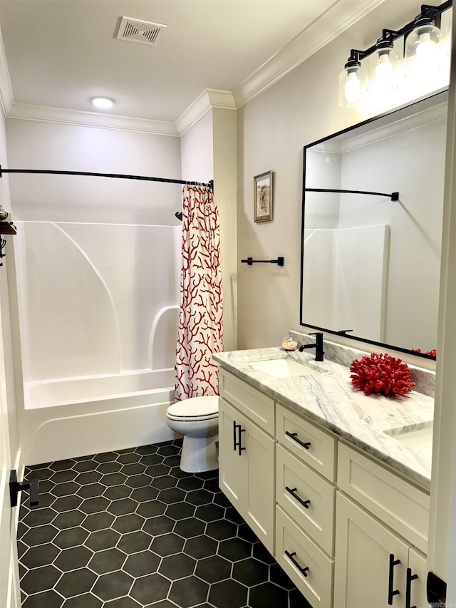 full bath featuring tile patterned floors, visible vents, a sink, crown molding, and shower / bath combo