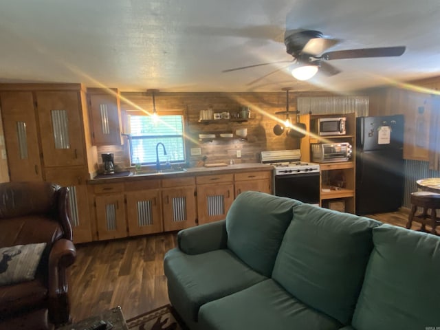 59 Easy St, Mount Ida, AR 71957 - living area with wood walls, a toaster, dark wood-type flooring, and ceiling fan