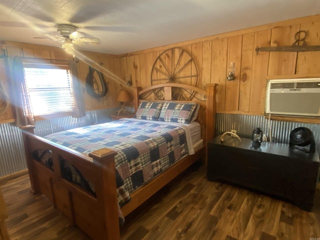 59 Easy St, Mount Ida, AR 71957 - bedroom with wood walls, wood finished floors, ceiling fan, and an AC wall unit