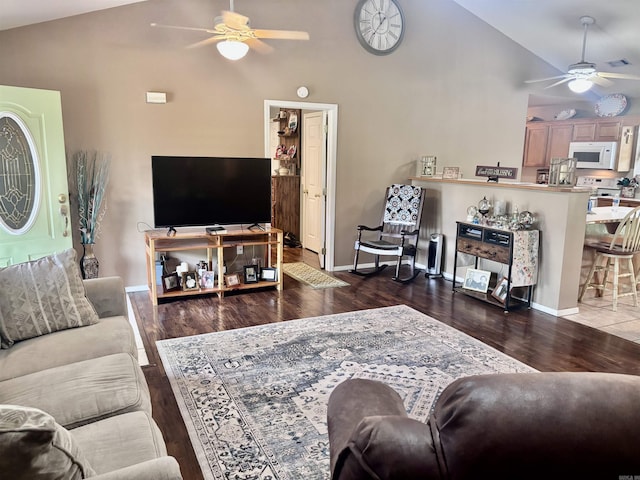 159 Emelia St, Clarksville, AR 72830 - living area with baseboards, wood finished floors, high vaulted ceiling, and ceiling fan