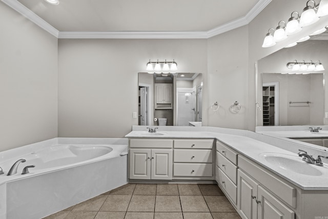 bathroom with tile patterned flooring, a sink, two vanities, and crown molding