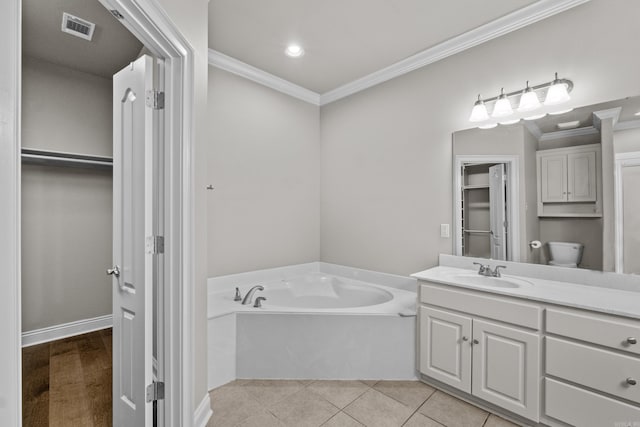 full bath featuring a bath, visible vents, vanity, and ornamental molding