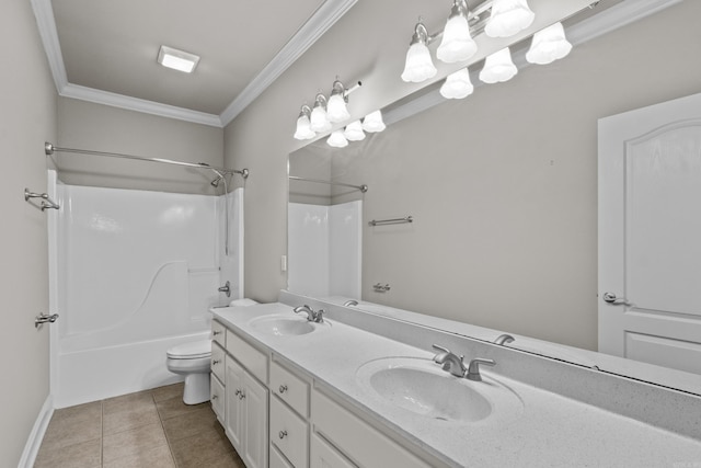 full bath featuring double vanity, tile patterned floors, ornamental molding, and a sink