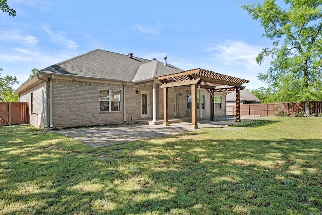 back of house featuring a fenced backyard, brick siding, a pergola, and a lawn