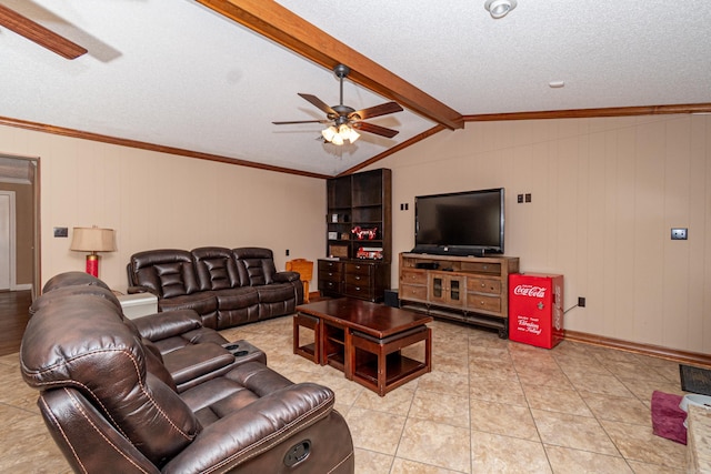 1 Azalea, Magnolia, AR 71753 - living area featuring a ceiling fan, light tile patterned flooring, crown molding, lofted ceiling with beams, and a textured ceiling