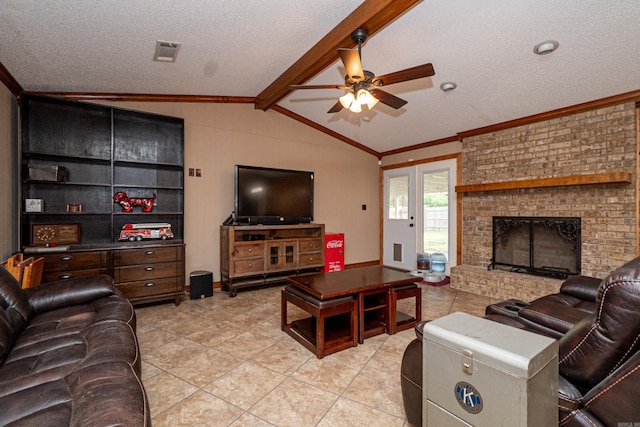 1 Azalea, Magnolia, AR 71753 - living area featuring vaulted ceiling, crown molding, a textured ceiling, light tile patterned floors, and ceiling fan