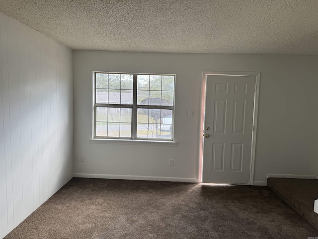 carpeted spare room with wooden walls and a textured ceiling
