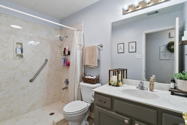 108 Rambler Ln, Rose Bud, AR 72137 - bathroom with vanity, toilet, tiled shower, and visible vents